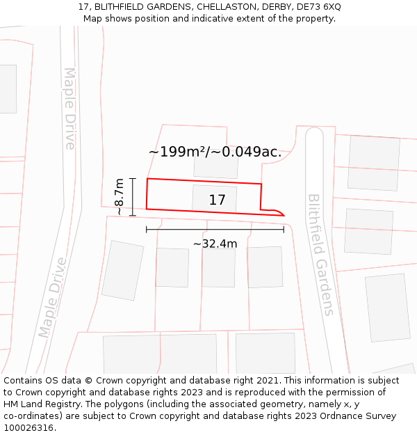 17, BLITHFIELD GARDENS, CHELLASTON, DERBY, DE73 6XQ: Plot and title map
