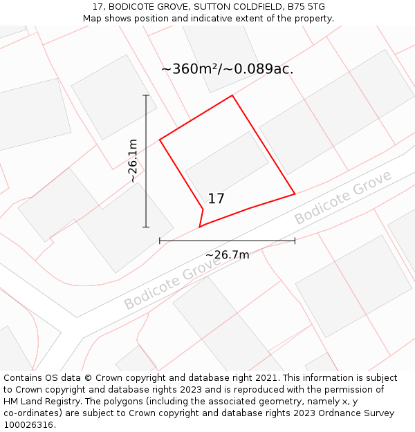 17, BODICOTE GROVE, SUTTON COLDFIELD, B75 5TG: Plot and title map