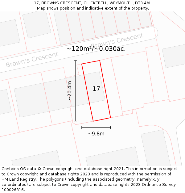 17, BROWNS CRESCENT, CHICKERELL, WEYMOUTH, DT3 4AH: Plot and title map