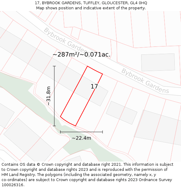 17, BYBROOK GARDENS, TUFFLEY, GLOUCESTER, GL4 0HQ: Plot and title map