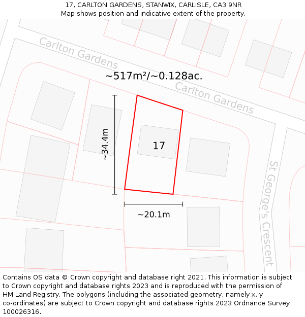 17, CARLTON GARDENS, STANWIX, CARLISLE, CA3 9NR: Plot and title map