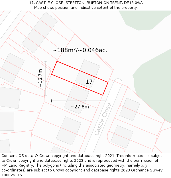 17, CASTLE CLOSE, STRETTON, BURTON-ON-TRENT, DE13 0WA: Plot and title map