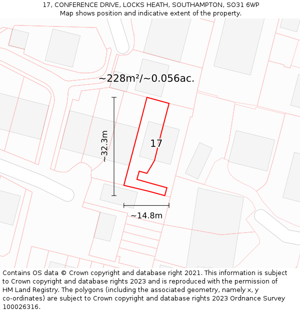 17, CONFERENCE DRIVE, LOCKS HEATH, SOUTHAMPTON, SO31 6WP: Plot and title map