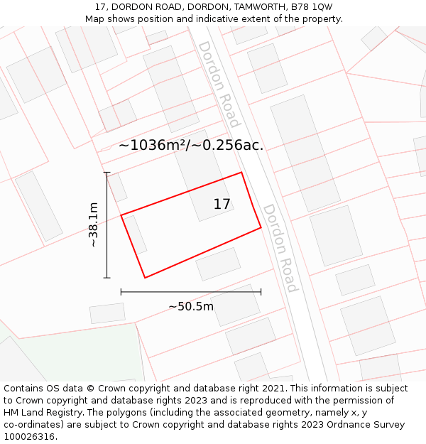 17, DORDON ROAD, DORDON, TAMWORTH, B78 1QW: Plot and title map