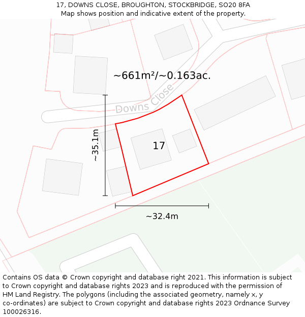 17, DOWNS CLOSE, BROUGHTON, STOCKBRIDGE, SO20 8FA: Plot and title map