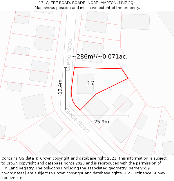 17, GLEBE ROAD, ROADE, NORTHAMPTON, NN7 2QH: Plot and title map