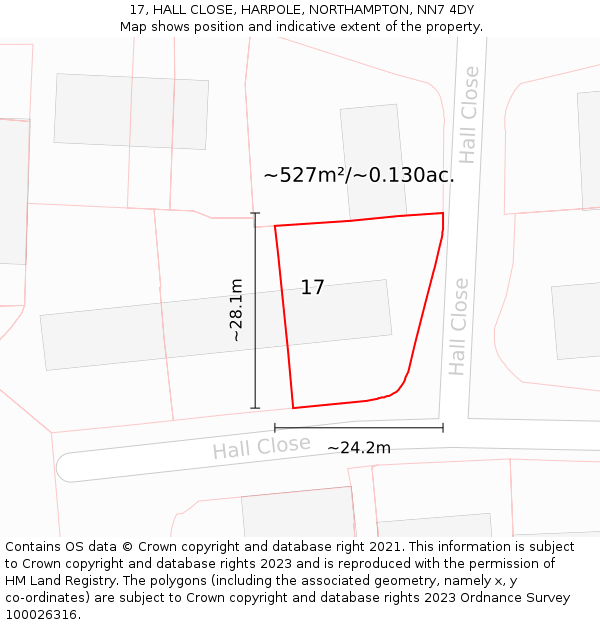 17, HALL CLOSE, HARPOLE, NORTHAMPTON, NN7 4DY: Plot and title map
