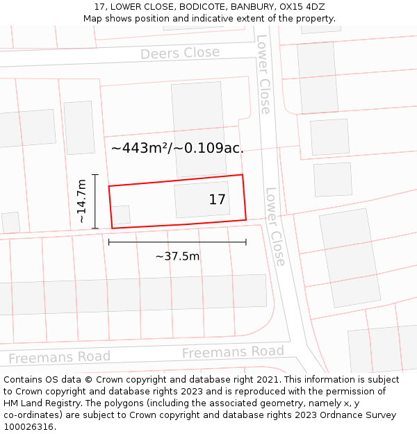 17, LOWER CLOSE, BODICOTE, BANBURY, OX15 4DZ: Plot and title map