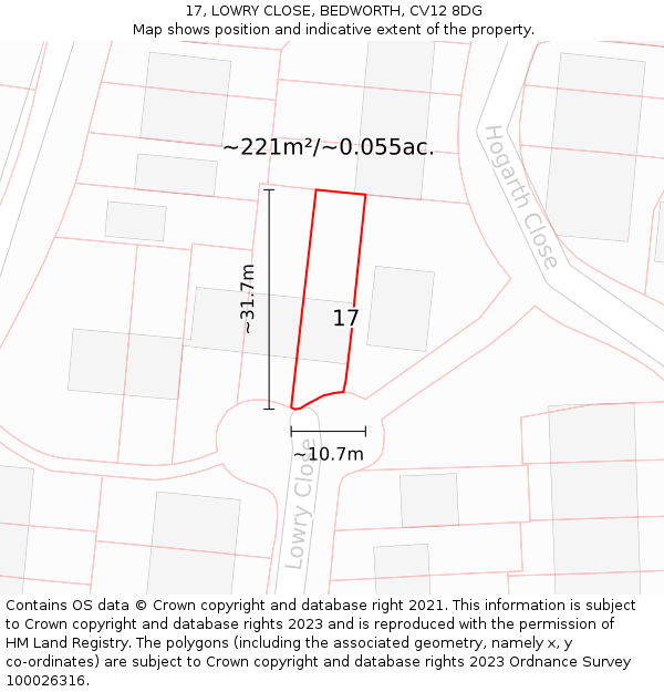 17, LOWRY CLOSE, BEDWORTH, CV12 8DG: Plot and title map