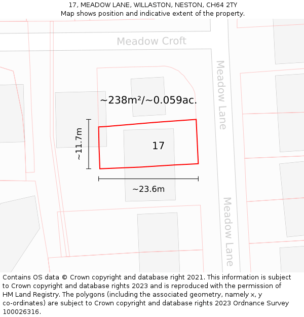17, MEADOW LANE, WILLASTON, NESTON, CH64 2TY: Plot and title map
