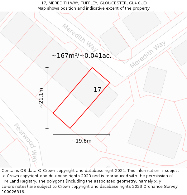 17, MEREDITH WAY, TUFFLEY, GLOUCESTER, GL4 0UD: Plot and title map