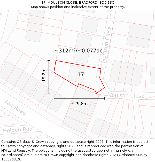 17, MOULSON CLOSE, BRADFORD, BD6 1SQ: Plot and title map