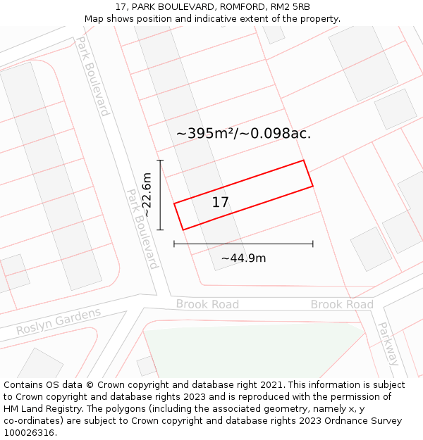 17, PARK BOULEVARD, ROMFORD, RM2 5RB: Plot and title map