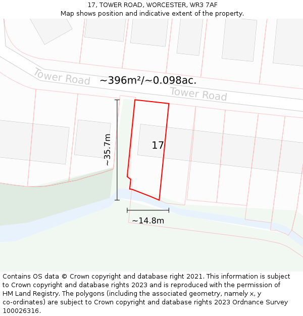 17, TOWER ROAD, WORCESTER, WR3 7AF: Plot and title map
