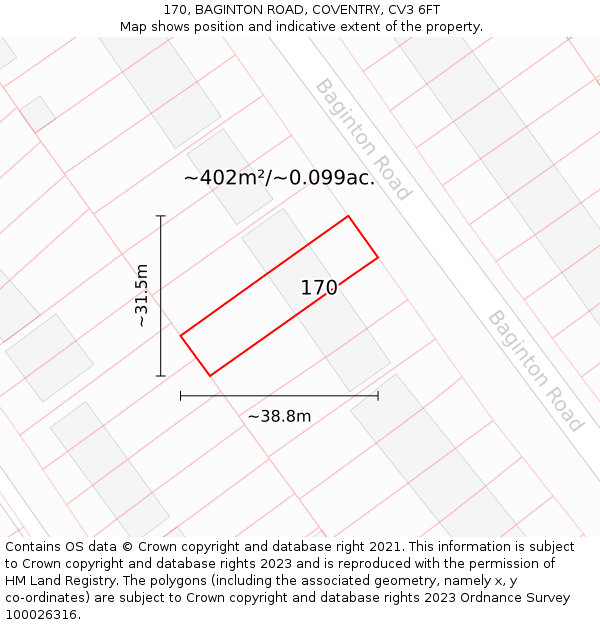 170, BAGINTON ROAD, COVENTRY, CV3 6FT: Plot and title map