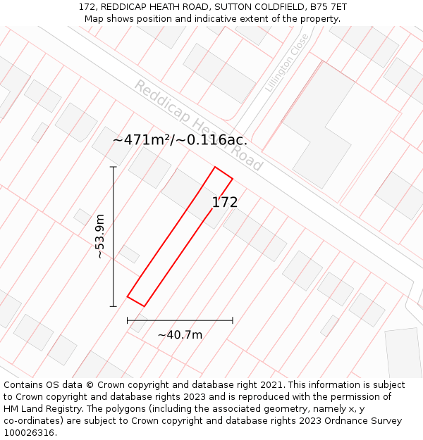 172, REDDICAP HEATH ROAD, SUTTON COLDFIELD, B75 7ET: Plot and title map