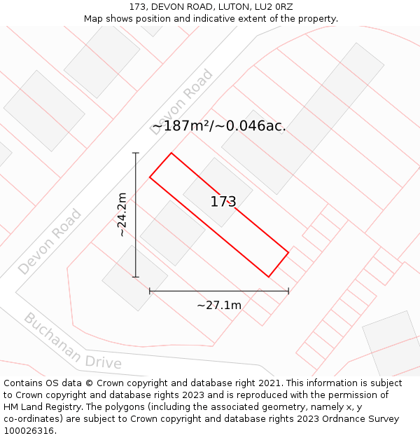 173, DEVON ROAD, LUTON, LU2 0RZ: Plot and title map
