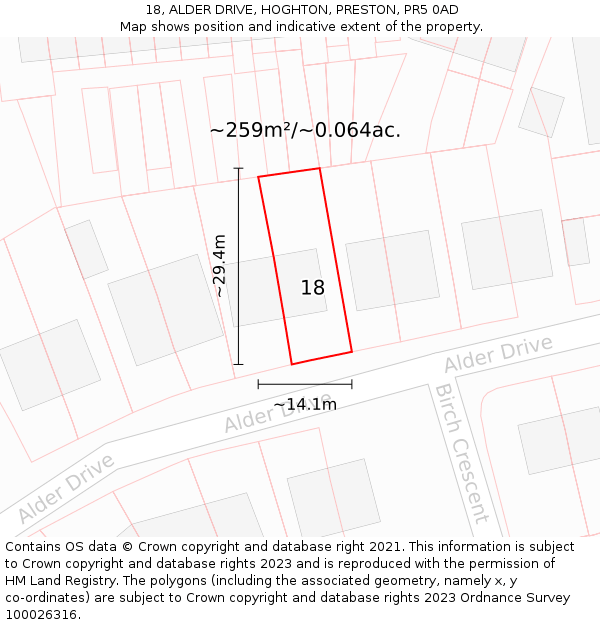18, ALDER DRIVE, HOGHTON, PRESTON, PR5 0AD: Plot and title map