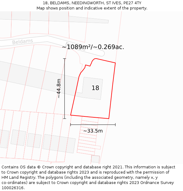 18, BELDAMS, NEEDINGWORTH, ST IVES, PE27 4TY: Plot and title map