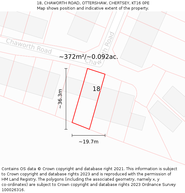 18, CHAWORTH ROAD, OTTERSHAW, CHERTSEY, KT16 0PE: Plot and title map