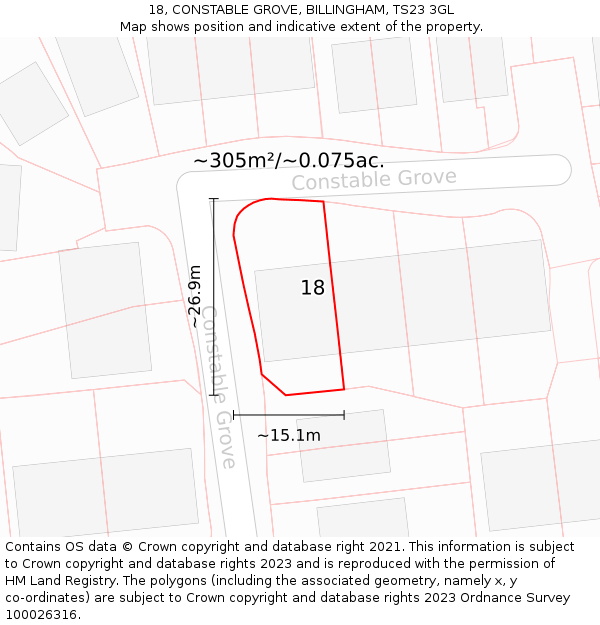 18, CONSTABLE GROVE, BILLINGHAM, TS23 3GL: Plot and title map