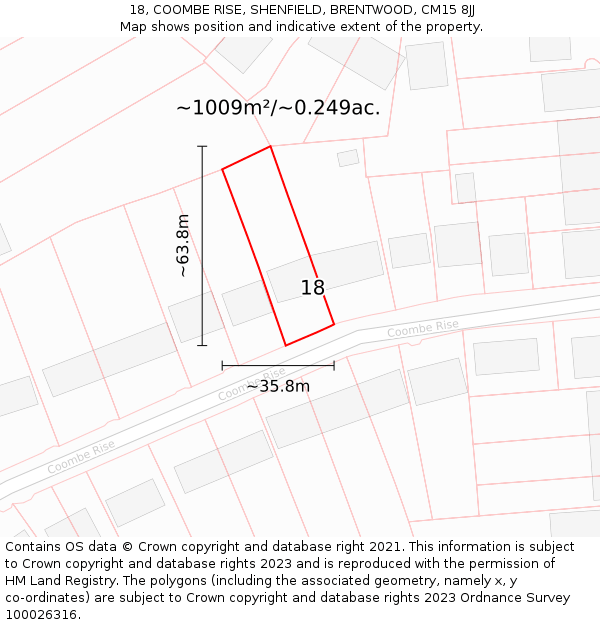 18, COOMBE RISE, SHENFIELD, BRENTWOOD, CM15 8JJ: Plot and title map