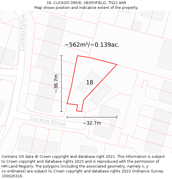 18, CUCKOO DRIVE, HEATHFIELD, TN21 8AR: Plot and title map
