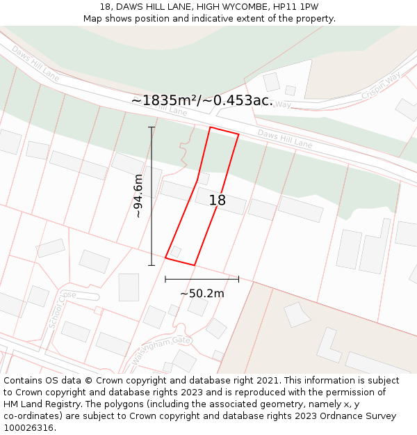 18, DAWS HILL LANE, HIGH WYCOMBE, HP11 1PW: Plot and title map