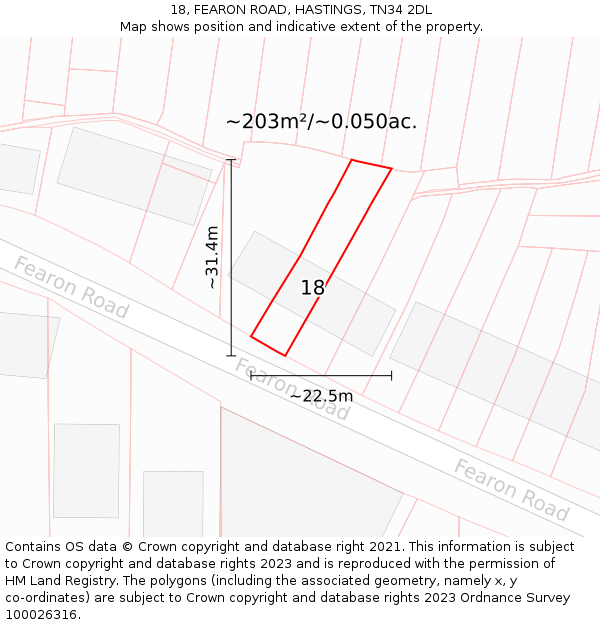 18, FEARON ROAD, HASTINGS, TN34 2DL: Plot and title map