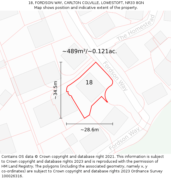 18, FORDSON WAY, CARLTON COLVILLE, LOWESTOFT, NR33 8GN: Plot and title map