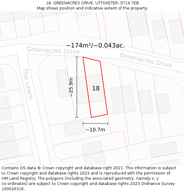 18, GREENACRES DRIVE, UTTOXETER, ST14 7EB: Plot and title map