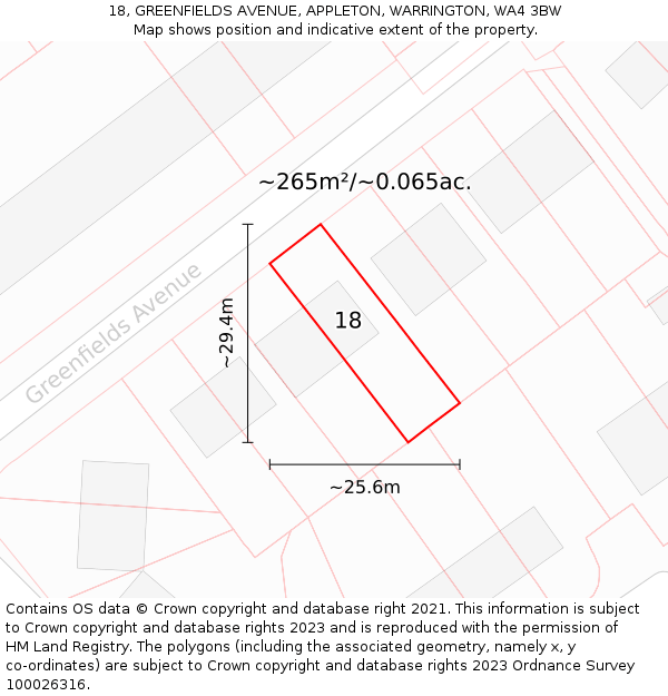 18, GREENFIELDS AVENUE, APPLETON, WARRINGTON, WA4 3BW: Plot and title map