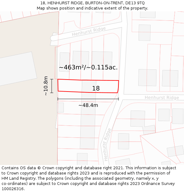 18, HENHURST RIDGE, BURTON-ON-TRENT, DE13 9TQ: Plot and title map