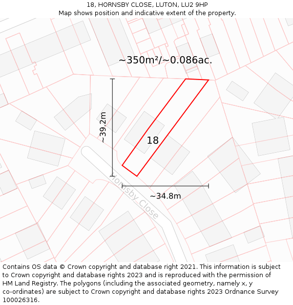 18, HORNSBY CLOSE, LUTON, LU2 9HP: Plot and title map