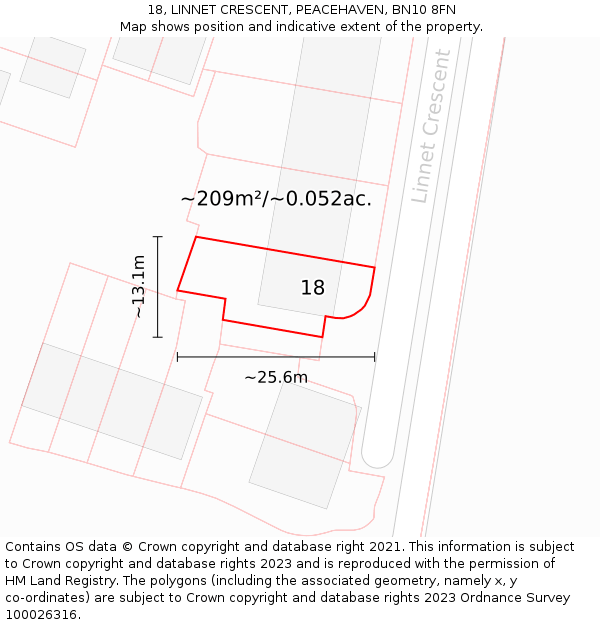 18, LINNET CRESCENT, PEACEHAVEN, BN10 8FN: Plot and title map