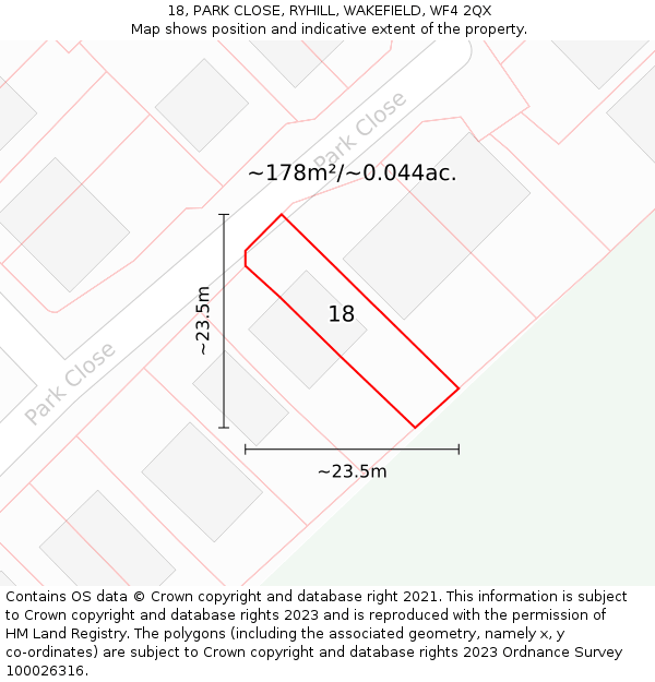 18, PARK CLOSE, RYHILL, WAKEFIELD, WF4 2QX: Plot and title map