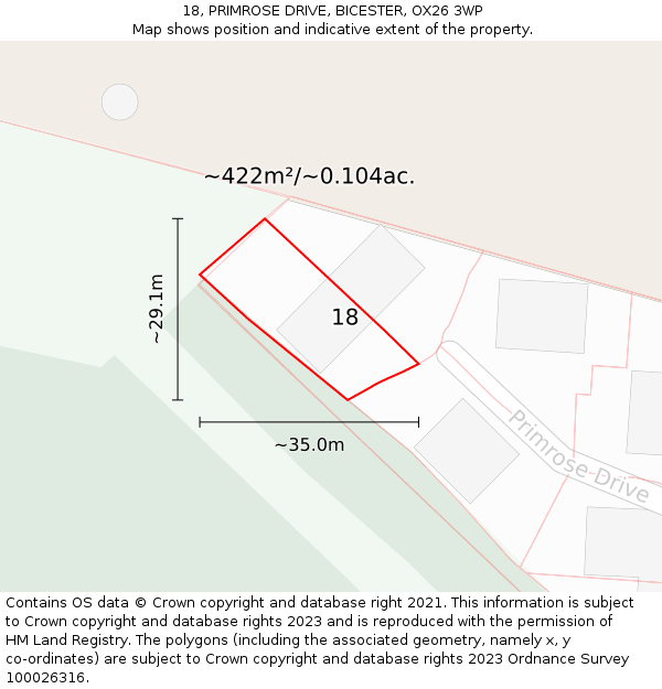 18, PRIMROSE DRIVE, BICESTER, OX26 3WP: Plot and title map