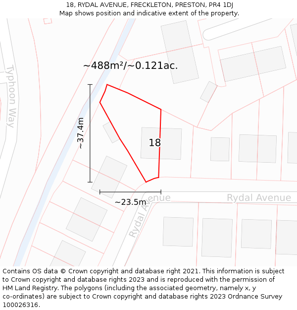 18, RYDAL AVENUE, FRECKLETON, PRESTON, PR4 1DJ: Plot and title map
