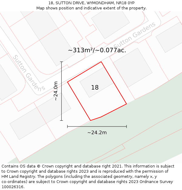 18, SUTTON DRIVE, WYMONDHAM, NR18 0YP: Plot and title map