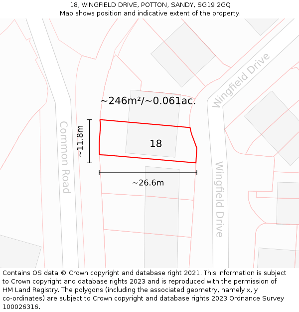 18, WINGFIELD DRIVE, POTTON, SANDY, SG19 2GQ: Plot and title map