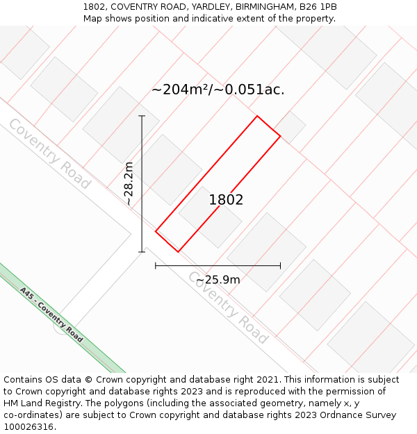 1802, COVENTRY ROAD, YARDLEY, BIRMINGHAM, B26 1PB: Plot and title map