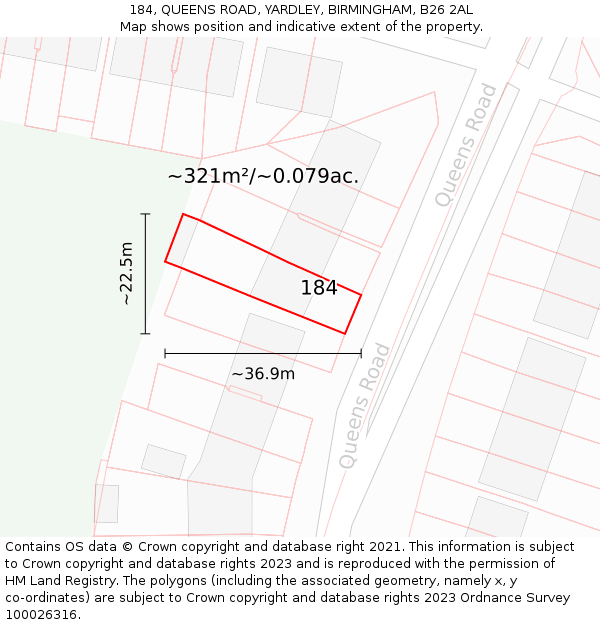 184, QUEENS ROAD, YARDLEY, BIRMINGHAM, B26 2AL: Plot and title map