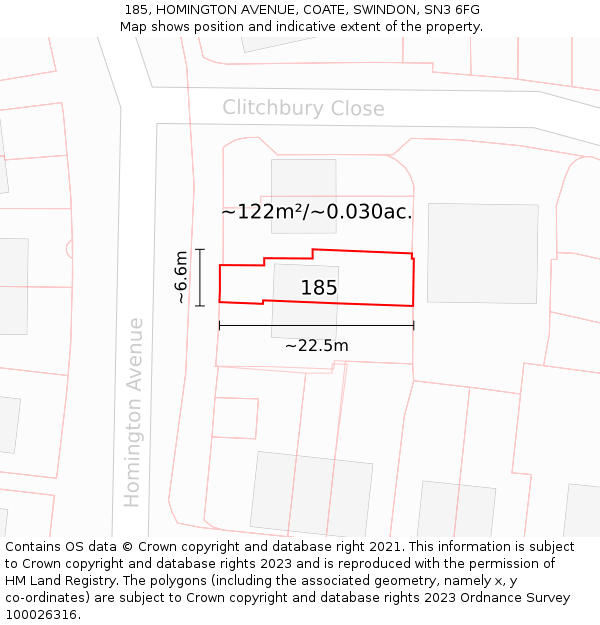 185, HOMINGTON AVENUE, COATE, SWINDON, SN3 6FG: Plot and title map