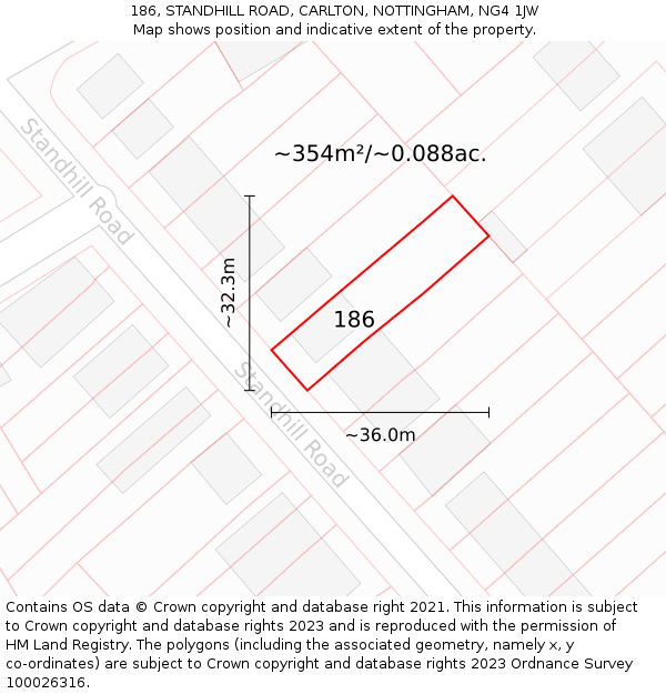 186, STANDHILL ROAD, CARLTON, NOTTINGHAM, NG4 1JW: Plot and title map