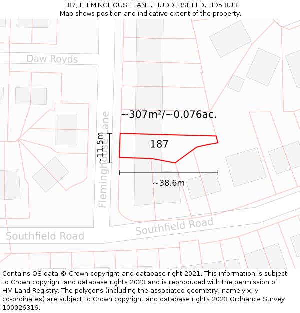 187, FLEMINGHOUSE LANE, HUDDERSFIELD, HD5 8UB: Plot and title map