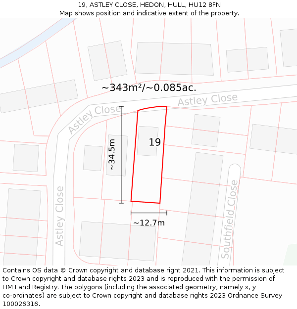 19, ASTLEY CLOSE, HEDON, HULL, HU12 8FN: Plot and title map