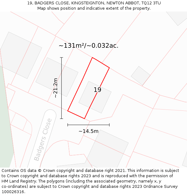 19, BADGERS CLOSE, KINGSTEIGNTON, NEWTON ABBOT, TQ12 3TU: Plot and title map