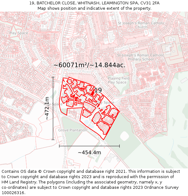 19, BATCHELOR CLOSE, WHITNASH, LEAMINGTON SPA, CV31 2FA: Plot and title map