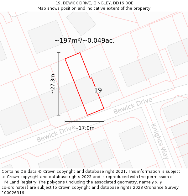 19, BEWICK DRIVE, BINGLEY, BD16 3QE: Plot and title map