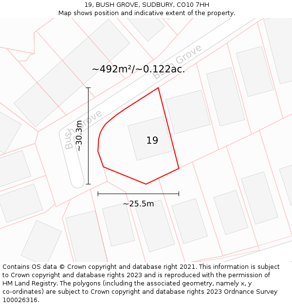 19, BUSH GROVE, SUDBURY, CO10 7HH: Plot and title map